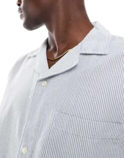 Abercrombie & Fitch Short Sleeve Workwear Railroad Stripe Twill Shirt In Grey For Men -Abercrombie and Fitch Fashion Shop 206655609 3