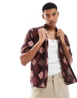 Abercrombie & Fitch Pattern Crochet Knit Button Up Polo In Burgundy For Men