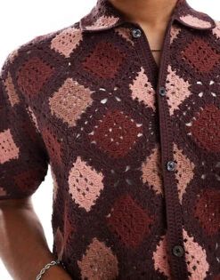 Abercrombie & Fitch Pattern Crochet Knit Button Up Polo In Burgundy For Men -Abercrombie and Fitch Fashion Shop 206937763 3