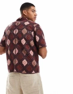 Abercrombie & Fitch Pattern Crochet Knit Button Up Polo In Burgundy For Men -Abercrombie and Fitch Fashion Shop 206937763 4