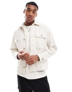Abercrombie & Fitch Long Sleeve Dobby Flannel Shirt In Cream For Men -Abercrombie and Fitch Fashion Shop 206937810 1 cream 1