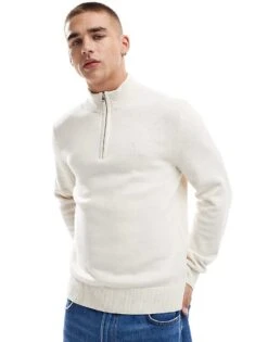 Abercrombie & Fitch Icon Logo Merino Knit Half Zip Jumper In Cream For Men