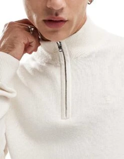 Abercrombie & Fitch Icon Logo Merino Knit Half Zip Jumper In Cream For Men -Abercrombie and Fitch Fashion Shop 206937852 3