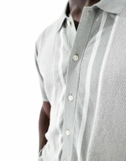 Abercrombie & Fitch Retro Stripe Knitted Button Up Polo In Grey For Men Light Grey -Abercrombie and Fitch Fashion Shop 206937913 3