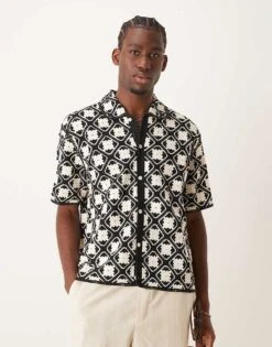 Abercrombie & Fitch Pattern Crochet Knit Button Up Polo In Black/white For Men