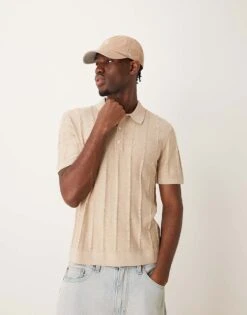Abercrombie & Fitch Knitted Polo In Cream Tonal Stripe For Men
