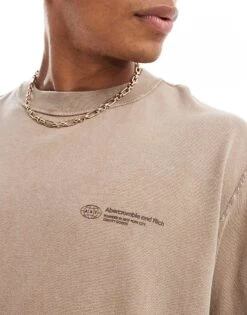 Abercrombie & Fitch Timeless Logo Crop Vintage Acid Wash Oversized T-shirt In Tan For Men -Abercrombie and Fitch Fashion Shop 206938165 4
