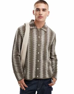 Abercrombie & Fitch Cropped Stripe Knit Shirt In Grey For Men -Abercrombie and Fitch Fashion Shop 206938271 1 grey 1