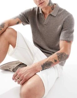 Abercrombie & Fitch Textured Knitted Polo In Brown For Men