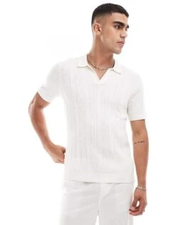 Abercrombie & Fitch Stitch Texture Stripe Open Collar Knit Polo In Cream For Men