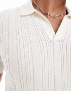 Abercrombie & Fitch Stitch Texture Stripe Open Collar Knit Polo In Cream For Men -Abercrombie and Fitch Fashion Shop 206938327 3