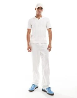 Abercrombie & Fitch Stitch Texture Stripe Open Collar Knit Polo In Cream For Men -Abercrombie and Fitch Fashion Shop 206938327 4