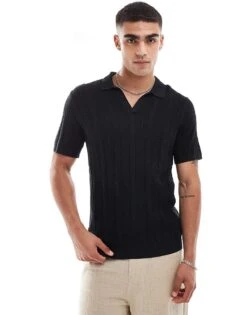 Abercrombie & Fitch Stitch Texture Stripe Open Collar Knit Polo In Black For Men