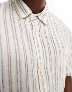 Abercrombie & Fitch Striped Linen Short Sleeve Shirt In Cream For Men Cream Stripe -Abercrombie and Fitch Fashion Shop 206938381 3