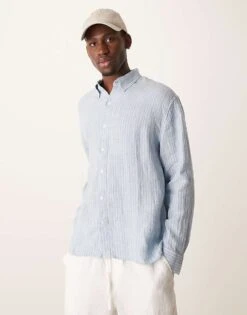 Abercrombie & Fitch Long Sleeve Striped Linen Shirt In Blue And White For Men Blue Stripe -Abercrombie and Fitch Fashion Shop 206938536 1 bluestripe 1