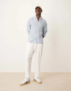 Abercrombie & Fitch Long Sleeve Striped Linen Shirt In Blue And White For Men Blue Stripe -Abercrombie and Fitch Fashion Shop 206938536 4