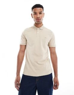 Abercrombie & Fitch Elevated Icon Logo Tipped Pique Polo In Beige For Men