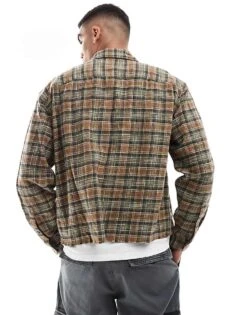 Abercrombie & Fitch Cropped Check Slub Flannel Shirt In Mid Green For Men -Abercrombie and Fitch Fashion Shop 206939577 2