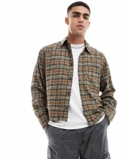 Abercrombie & Fitch Cropped Check Slub Flannel Shirt In Mid Green For Men -Abercrombie and Fitch Fashion Shop 206939577 3