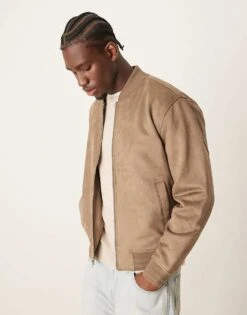 Abercrombie & Fitch Faux Suede Bomber Jacket In Brown For Men