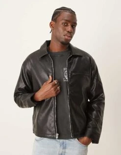 Abercrombie & Fitch Cropped Zip Front Faux Leather Biker Jacket In Black For Men -Abercrombie and Fitch Fashion Shop 206939929 1 black 1