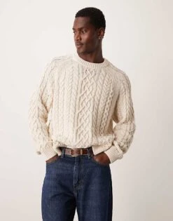Abercrombie & Fitch Warm Handle Oversized Fisherman Cable Knit Jumper In Cream For Men -Abercrombie and Fitch Fashion Shop 207327037 1 cream 1