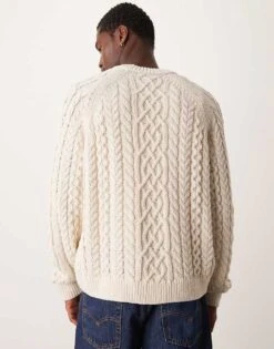 Abercrombie & Fitch Warm Handle Oversized Fisherman Cable Knit Jumper In Cream For Men -Abercrombie and Fitch Fashion Shop 207327037 4