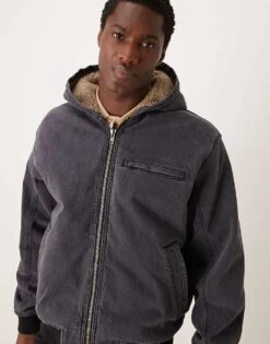 Abercrombie & Fitch Workwear Sherpa Lined Address Back Hooded Denim Bomber In Washed Black For Men -Abercrombie and Fitch Fashion Shop 207327079 1 washedblack 1