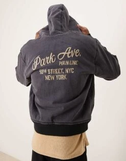 Abercrombie & Fitch Workwear Sherpa Lined Address Back Hooded Denim Bomber In Washed Black For Men -Abercrombie and Fitch Fashion Shop 207327079 4