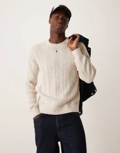 Abercrombie & Fitch Cable Knit Merino Jumper In Beige For Men