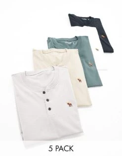 Abercrombie & Fitch 5 Pack Icon Logo Henley T-shirt In Black/greys/taupe/white For Men Multi