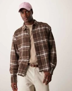 Abercrombie & Fitch Cropped Slub Flannel Check Overshirt In Brown For Men -Abercrombie and Fitch Fashion Shop 207327530 1 brown 1