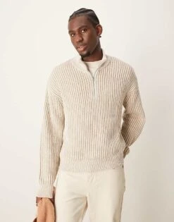 Abercrombie & Fitch Oversized Half Zip Stripe Stitch Knit Jumper In Cream For Men -Abercrombie and Fitch Fashion Shop 207327752 1 cream 1
