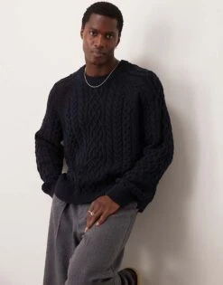Abercrombie & Fitch Warmed Handed Oversized Fisherman Cable Knit Jumper In Navy For Men