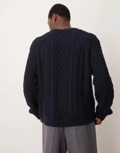 Abercrombie & Fitch Warmed Handed Oversized Fisherman Cable Knit Jumper In Navy For Men -Abercrombie and Fitch Fashion Shop 207327753 3