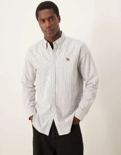 Abercrombie & Fitch Icon Logo Stripe Oxford Shirt In Grey For Men