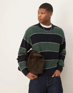 Abercrombie & Fitch Contrast Stripe Crew Neck Jumper In Green Multi For Men