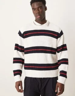 Abercrombie & Fitch Contrast Stripe Crew Neck Jumper In Cream Multi For Men -Abercrombie and Fitch Fashion Shop 207839926 4