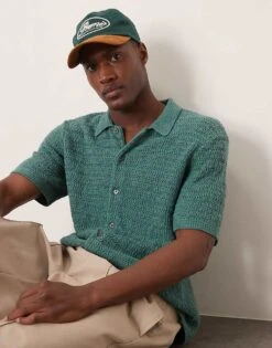 Abercrombie & Fitch Short Sleeve Crochet Button Through Polo In Dark Green For Men -Abercrombie and Fitch Fashion Shop 207839979 1 green 1