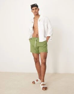 Abercrombie & Fitch 7 Inch Drawstring Swimming Trunks In Green Stripe For Men