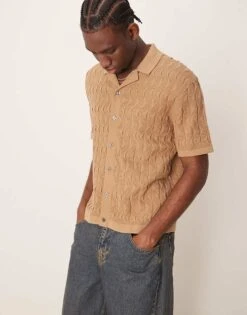 Abercrombie & Fitch Short Sleeve Knit Resort Button Through Polo In Brown For Men