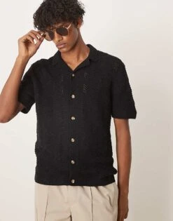 Abercrombie & Fitch Short Sleeve Crochet Button Through Polo In Black For Men