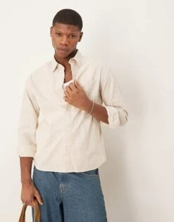 Abercrombie & Fitch Long Sleeve Cropped Linen Shirt In Beige Stripe For Men -Abercrombie and Fitch Fashion Shop 207840557 1 beigestripe 1