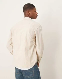 Abercrombie & Fitch Long Sleeve Cropped Linen Shirt In Beige Stripe For Men -Abercrombie and Fitch Fashion Shop 207840557 4