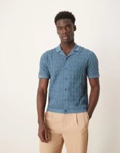 Abercrombie & Fitch Short Sleeve Knit Button Up Polo In Blue For Men -Abercrombie and Fitch Fashion Shop 207840660 1 blue 1