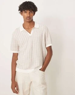 Abercrombie & Fitch Short Sleeve Crochet Shirt In Beige For Men Off White