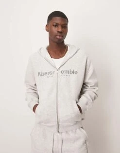 Abercrombie & Fitch Zip Through Logo Hoodie In Light Grey For Men