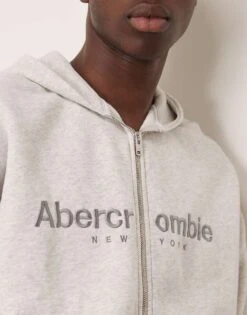 Abercrombie & Fitch Zip Through Logo Hoodie In Light Grey For Men -Abercrombie and Fitch Fashion Shop 207840878 4