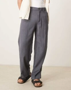 Abercrombie & Fitch Tailored Linen Blend Baggy Trousers In Pinstripe Grey For Men -Abercrombie and Fitch Fashion Shop 207840910 5