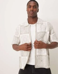 Abercrombie & Fitch Crochet Knitted Tile Shirt In Cream For Men Tonal Cream